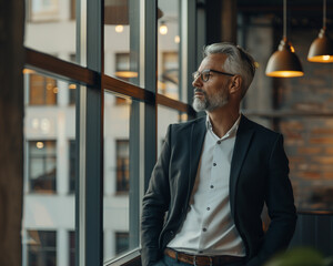 Well dressed and handsome middle aged businessman surrounded by evidence of success but looking lonely or pensive, worried and looking away from camera.  - obrazy, fototapety, plakaty