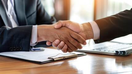 a smiling 40-year-old businessman shaking hands with his partner after signing an agreement during an office meeting
