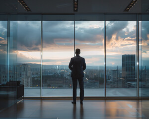 Silhouette of a well dressed businessman standing alone in a contemporary minimalist high rise with floor to ceiling windows, looking over a cityscape at dusk, Landscape