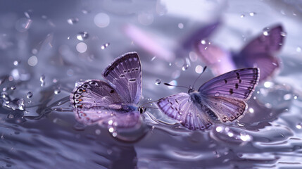   A few purple butterflies hover above the water surface, their wings slightly dampened as they delicately skim drops beneath them