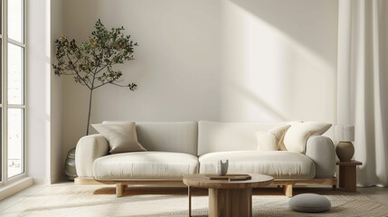 A serene Scandinavian living room beckons with its cozy sofa, minimalist coffee table, and an empty wall space poised for personalized adornment or gallery-style displays in a minimalist environment.