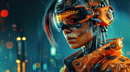 poster on a clean dark background girl cyborg transformer in orange armor with artificial intelligence future of humanity world order soldier cyberpunk 2077 - obrazy, fototapety, plakaty