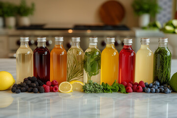 Colorful bottles of homemade drinks with natural ingredients on the kitchen table, background with fresh berries and herbs - 794431252