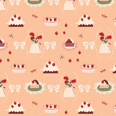 Vector pattern with sweets, with a cake, a piece of cupcake, with a vase of flowers and bows
