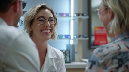 Obraz premium Happy woman optician helping customers with glasses and vision in store. Face of optometrist, new frames, and retail, clinic, and wellness test consulting services