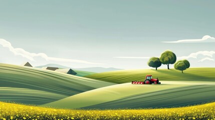 Procreate vector art style poster agriculture farming field red tractor minimalism village spring. A minimum of rural landscape. Cartoon village farm cubism style. AI Generated - obrazy, fototapety, plakaty