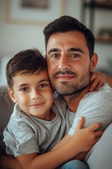 Fototapeta premium A cheerful Caucasian youngster hugs his dad from behind at home. A carefree dad is loved by his playful son. Father's Day festivities make man feel special.