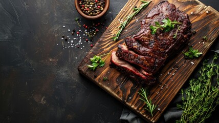 Grilled steak on wooden board with herbs and spices - obrazy, fototapety, plakaty