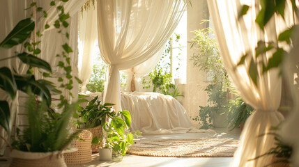 A serene bedroom oasis with a canopy bed draped in gauzy fabric, surrounded by potted plants and soft, billowing curtains. Promotion background.