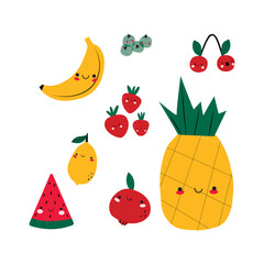 Set of summer berries, fruits in cartoon style. Banana Pineapple, watermelon, cherry, strawberry and pomegranate. 