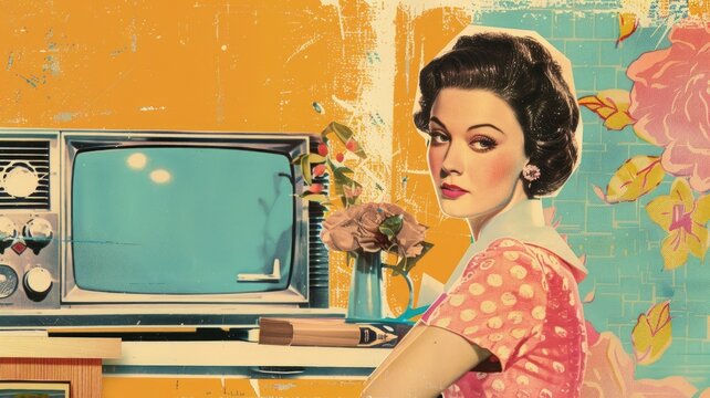 Vintage-style illustration of woman beside classic television set with floral accents