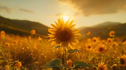 a stunning 8K portrait of a solitary sunflower standing tall amidst a sea of golden blooms, its radiant petals illuminated by the warm glow of the setting sun against a backdrop of rolling hills