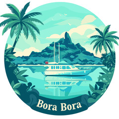 A boat is floating in the water near a palm tree Bora Bora