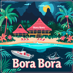 A tropical beach scene with a boat and a house with the name Bora Bora