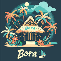 A tropical Bora Bora scene with a hut and palm trees
