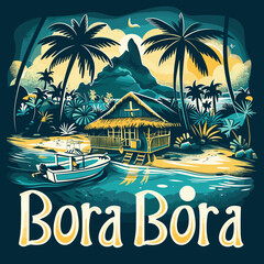 A tropical Bora Bora island with a house and a boat