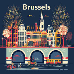 A colorful cityscape of Brussels with a bridge and a boat
