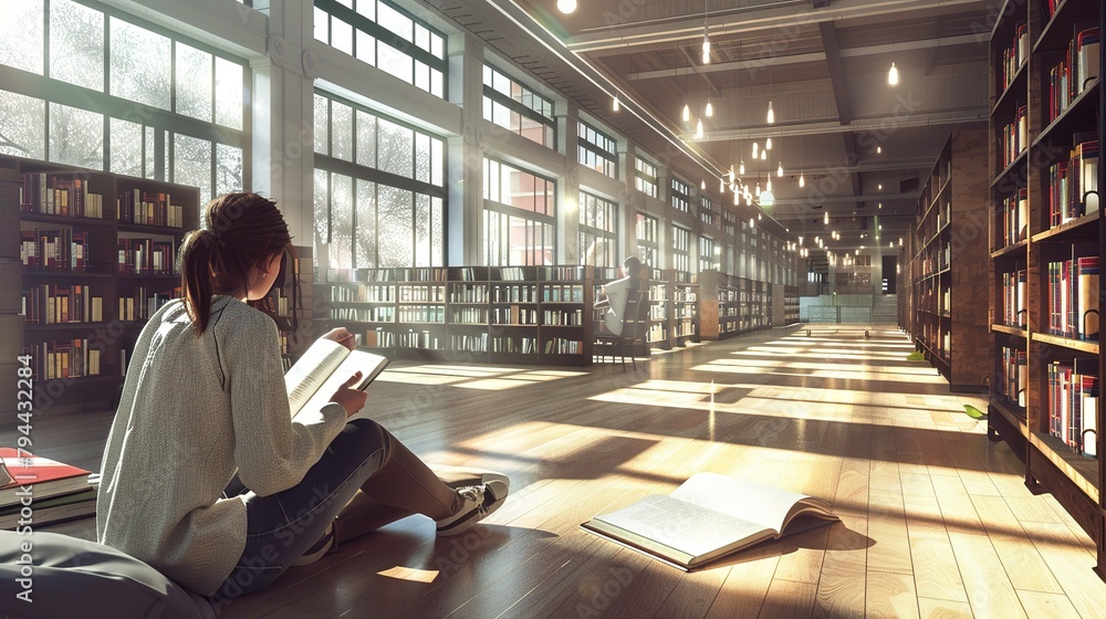 Poster a student stuying and reading books in a public library of university.