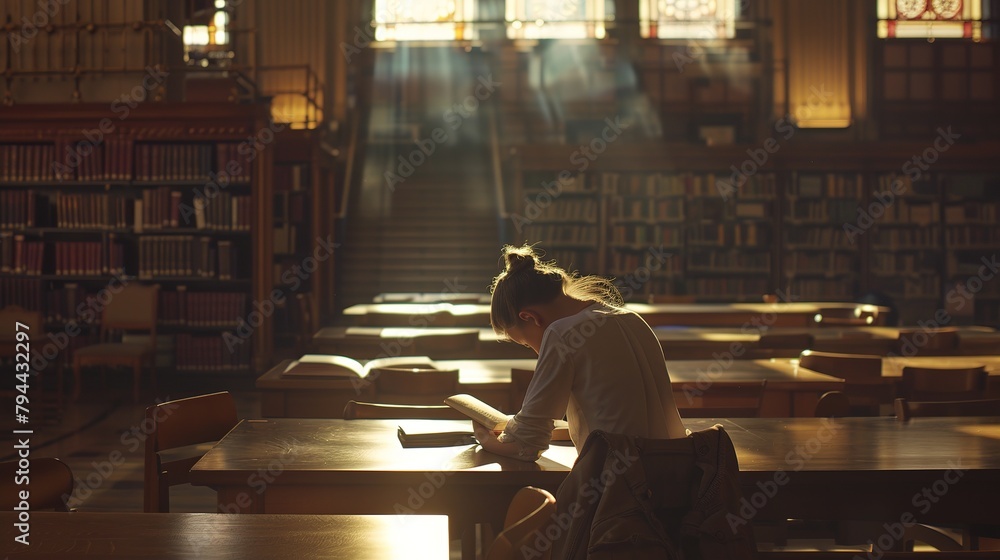 Poster a student stuying and reading books in a public library of university.