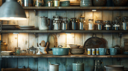 A rustic farmhouse kitchen with open shelving displaying a collection of vintage enamelware and mason jars, illuminated by soft natural light. Promotion background. - obrazy, fototapety, plakaty