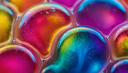 Close-up of liquid bright colorful bubbles, abstract background