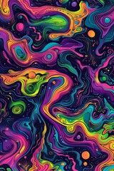 Surreal wallpaper featuring hypnotic swirls and morphing shapes in vibrant neon hues - obrazy, fototapety, plakaty