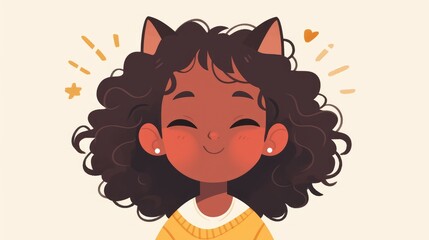 A charming cartoon character of a dark skinned girl sporting adorable cat ears designed in a quirky flat style Perfect as an avatar icon or fun design element