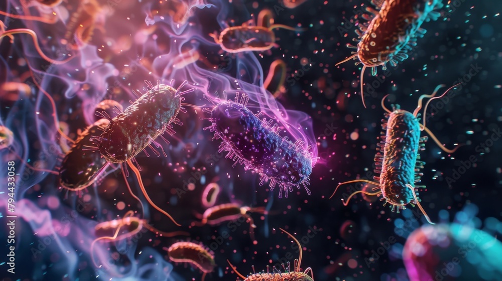 Poster a mesmerizing view of bacterial aggregates in motion with swirling patterns and s moving against a d