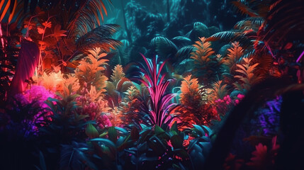 Fototapeta na wymiar Tropical dark trend jungle in neon illuminated lighting. Exotic palms and plants in retro style. Enchanted Jungle at Night