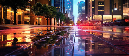 modern buildings in capital city with light reflection from puddles on street. - obrazy, fototapety, plakaty