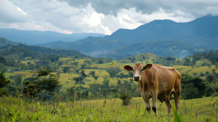 Fototapeta premium Cow in green grasslands in Colombia