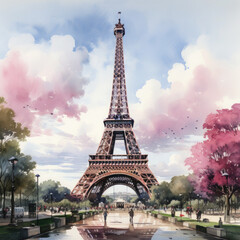Fototapeta na wymiar Watercolor Eiffel tower, clipart Illustration, Generative Ai