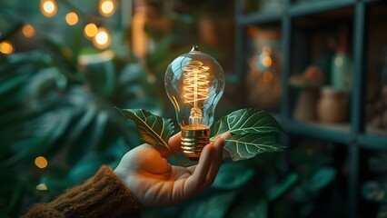 Eco-Friendly Concept: Hand Holding Light Bulb Against Green Leaf Background. Concept Eco-Friendly, Sustainable Living, Environment Conservation, Green Energy, Nature Symbolism - obrazy, fototapety, plakaty