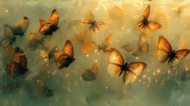   A group of orange butterflies hovers above a crystal-clear pool, their wings flickering against the gentle surface Bubbles form at the bottom, creating an intriguing contrast