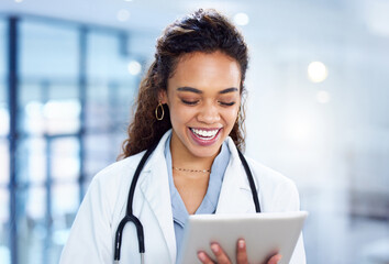 Healthcare, doctor or good news for woman with tablet for research, medical info or results as...