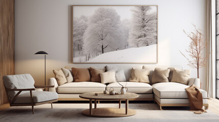 A cozy living room with a stylish poster frame enhancing the decor.