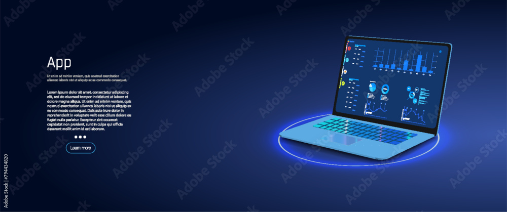 Poster futuristic laptop with high-tech user interface on a radiant circular platform, ideal for software p