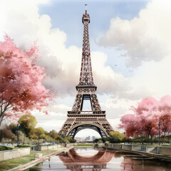 Watercolor Eiffel tower, clipart Illustration, Generative Ai - obrazy, fototapety, plakaty