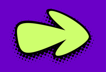 Naklejka premium A vibrant wide-format image depicting a lime green arrow symbol, outlined in bold black, against a deep purple pop art backdrop, punctuated with a halftone dot pattern for a striking graphic effect.