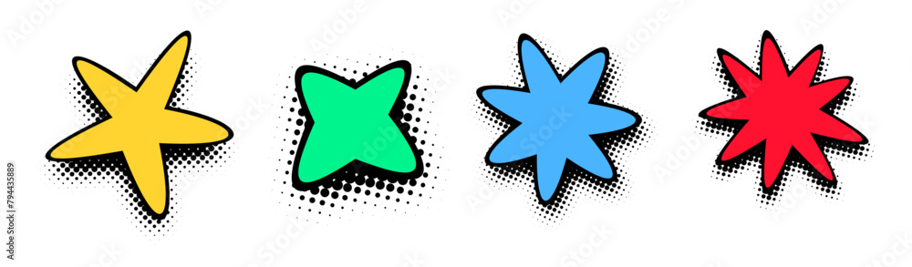 Poster a vibrant set of star-shaped comic bursts in primary colors with halftone dot patterns, perfect for 