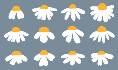 A uniform arrangement of white daisy illustrations, each with a bright orange center, set against a modern gray background.