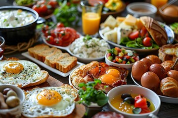 Fototapeta premium An elaborate breakfast spread with eggs, bacon, cheese, pastries, and fresh vegetables.