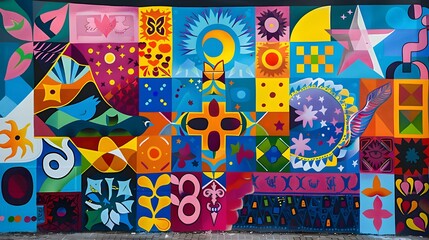 a visually striking image featuring a mural of unity, where vibrant colors and intricate patterns converge to depict symbols like the cross, crescent, Om, and Star of David