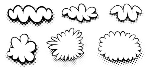A collection of black and white comic book speech bubbles in various shapes with halftone shadows, ideal for dynamic and expressive comic storytelling.