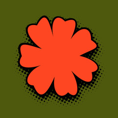 A striking tangerine flower silhouette stands out with sheer vibrancy against a rich emerald background, encircled by a playful arrangement of black halftone dots, exuding a retro yet modern feel.