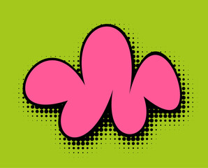 This wide-format illustration features a whimsical coral cloud shape with bold black outlines, floating across a vibrant lime green pop art background, speckled with iconic halftone dots for a lively 