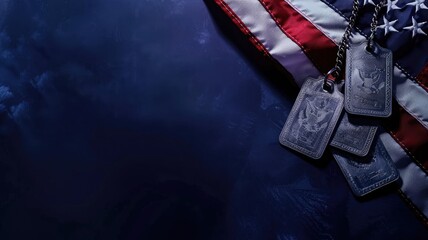 Military dog tags on American flag background