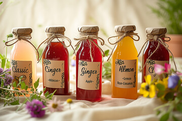 Bottles of natural homemade fermented kombucha beverage, tea mushroom, with various fruit additives in a rustic style on a background of flowering plants - perfect for menus or healthy food advertisin - 794436646