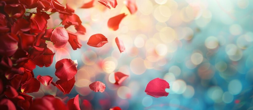 Close up of red rose petals on abstract blur background, copy space. generative AI image