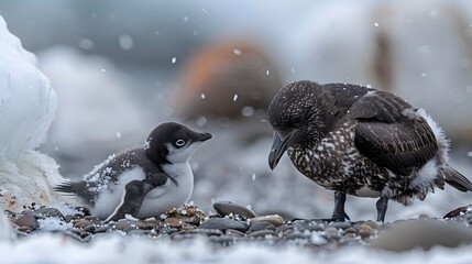 A Brown skua kills and eats an Adelie penguin chick in Antarctica.   - obrazy, fototapety, plakaty